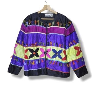 Liz & Me Silk-Blend Art-to-Wear Jacket 2X Toggle Front Embroidered Floral
